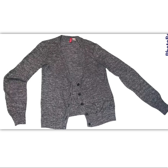 H&M Divided Charcoal 5 Button V-Neck Cardigan Elbow Patches Women’s Size 4 - Picture 3 of 11